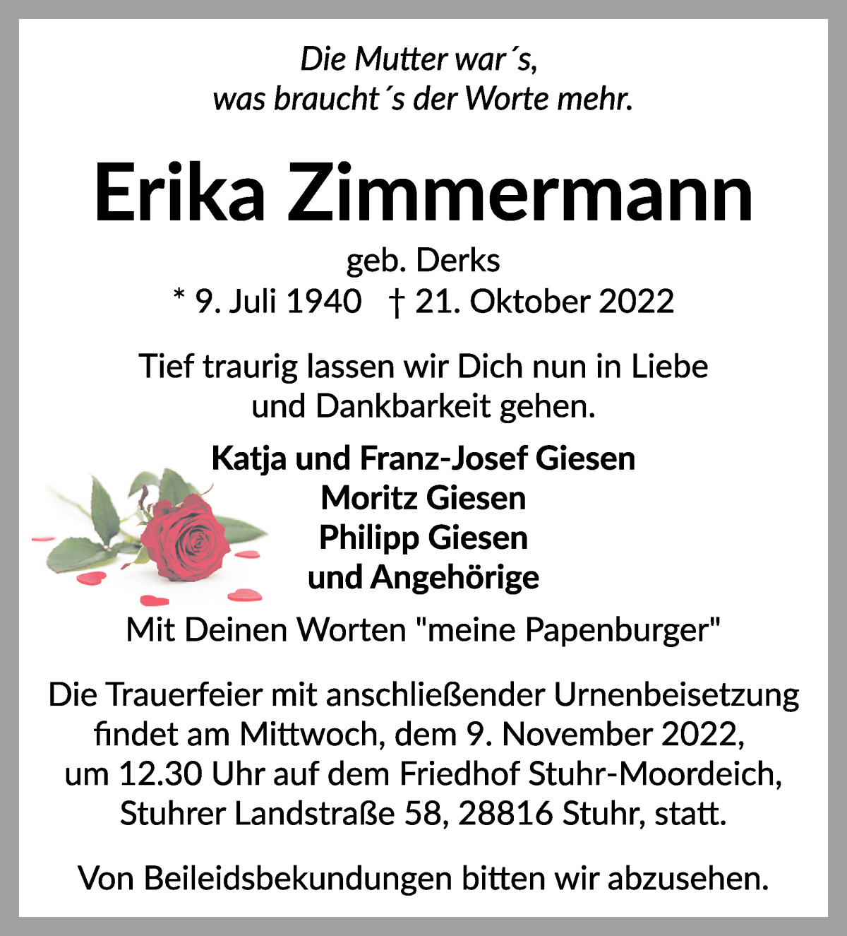 Traueranzeige von Erika Zimmermann von WESER-KURIER