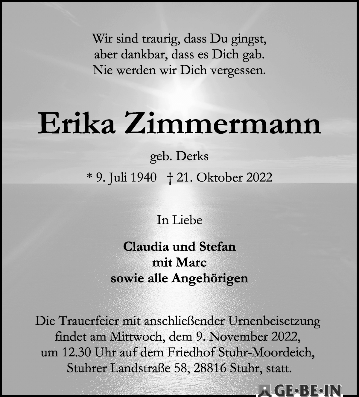 Traueranzeige von Erika Zimmermann von WESER-KURIER