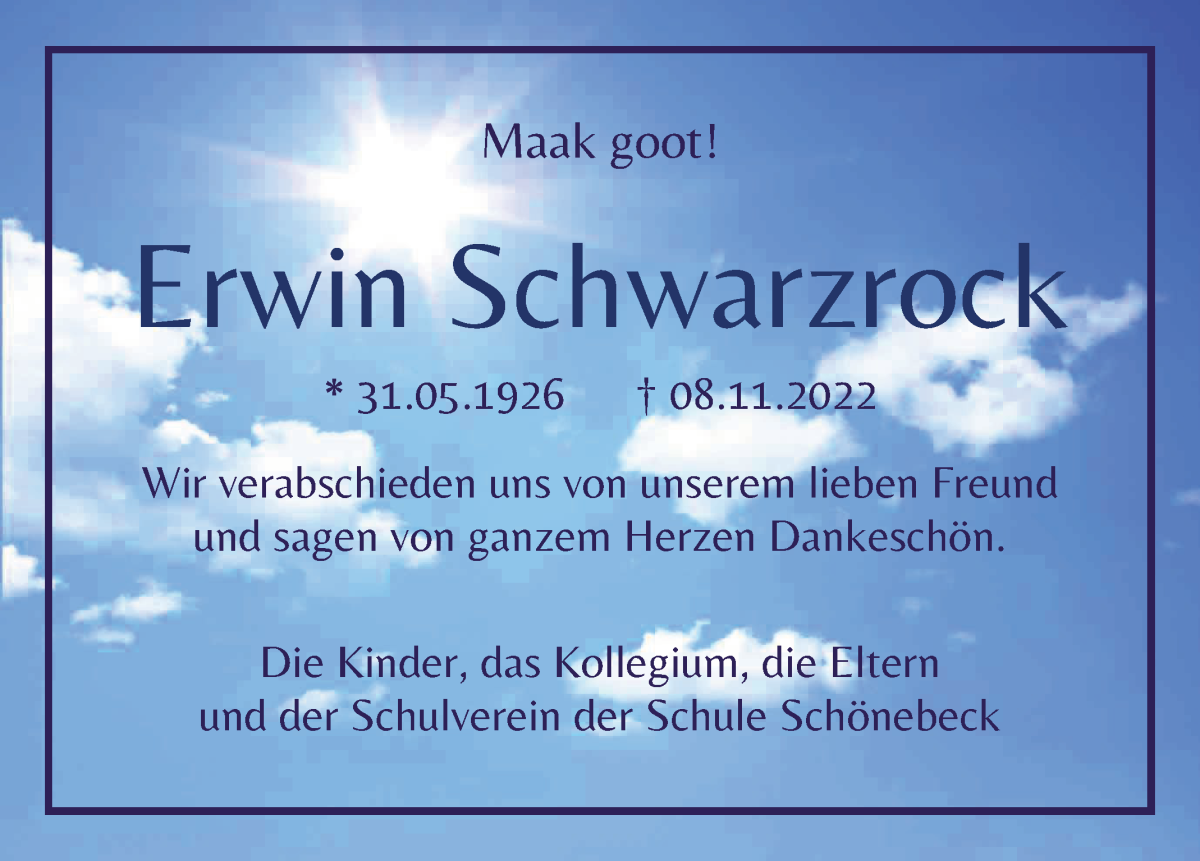  Traueranzeige für Erwin Schwarzrock vom 19.11.2022 aus Die Norddeutsche