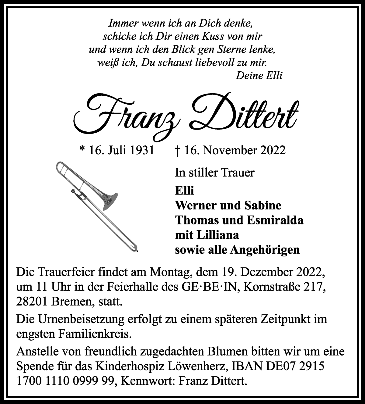  Traueranzeige für Franz Dittert vom 26.11.2022 aus WESER-KURIER