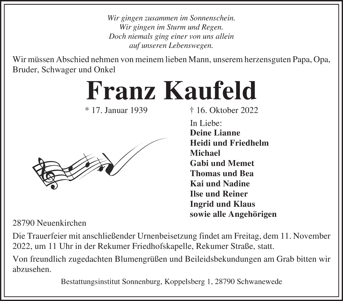 Traueranzeige von Franz Kaufeld von Die Norddeutsche