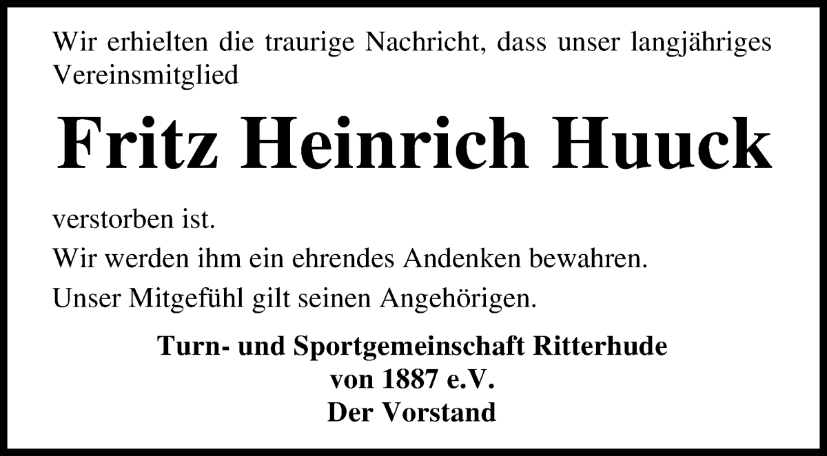 Traueranzeige von Fritz Heinrich Huuck von Osterholzer Kreisblatt