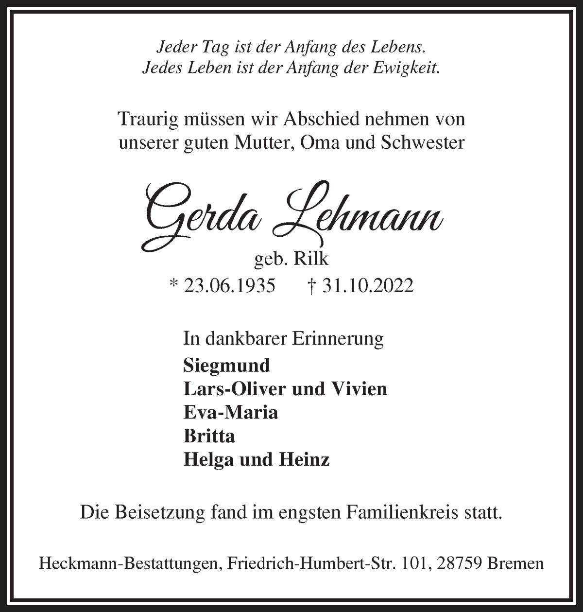  Traueranzeige für Gerda Lehmann vom 19.11.2022 aus Die Norddeutsche