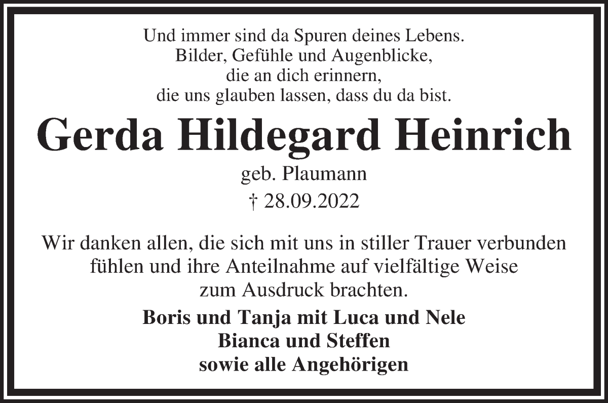  Traueranzeige für Gerda Hildegard Heinrich vom 12.11.2022 aus Regionale Rundschau/Syker Kurier