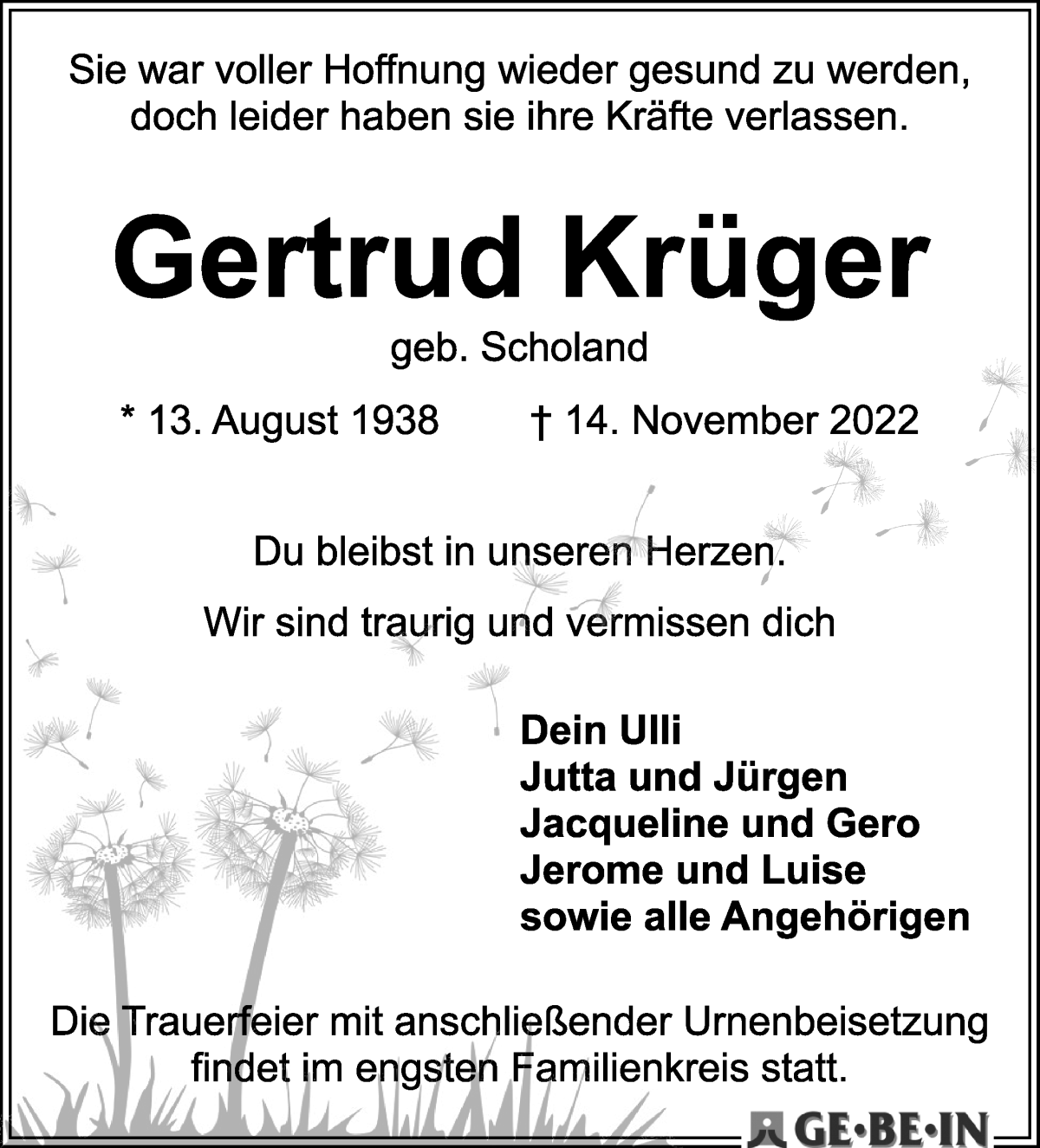  Traueranzeige für Gertrud Krüger vom 26.11.2022 aus WESER-KURIER