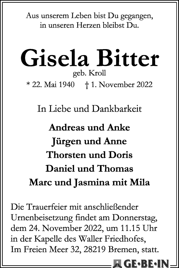 Traueranzeige von Gisela Bitter von WESER-KURIER
