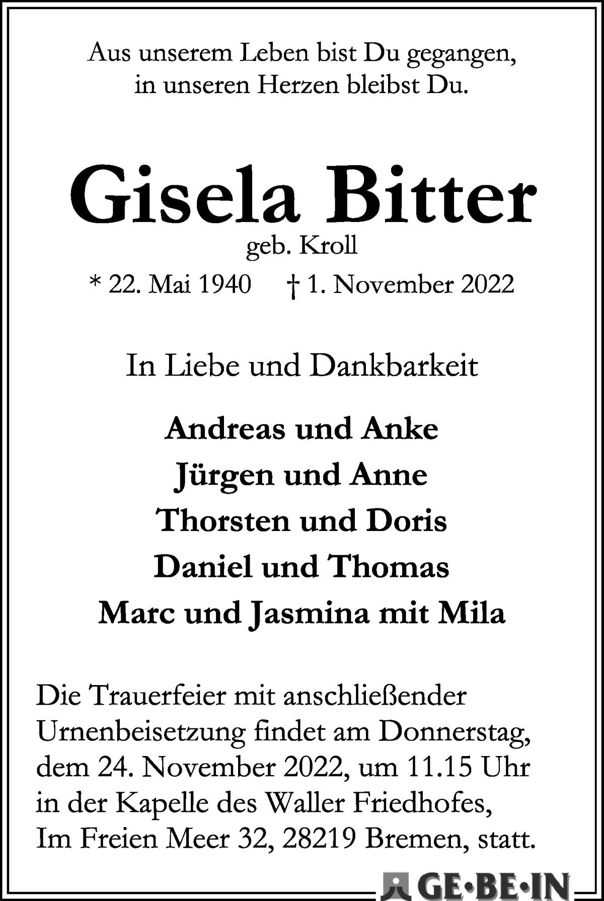  Traueranzeige für Gisela Bitter vom 12.11.2022 aus WESER-KURIER