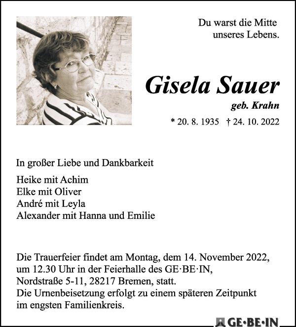 Traueranzeige von Gisela Sauer von WESER-KURIER