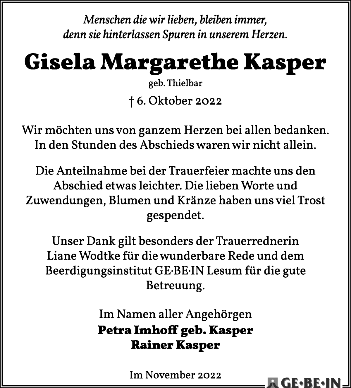 Traueranzeige von Gisela Margarethe Kasper von Die Norddeutsche