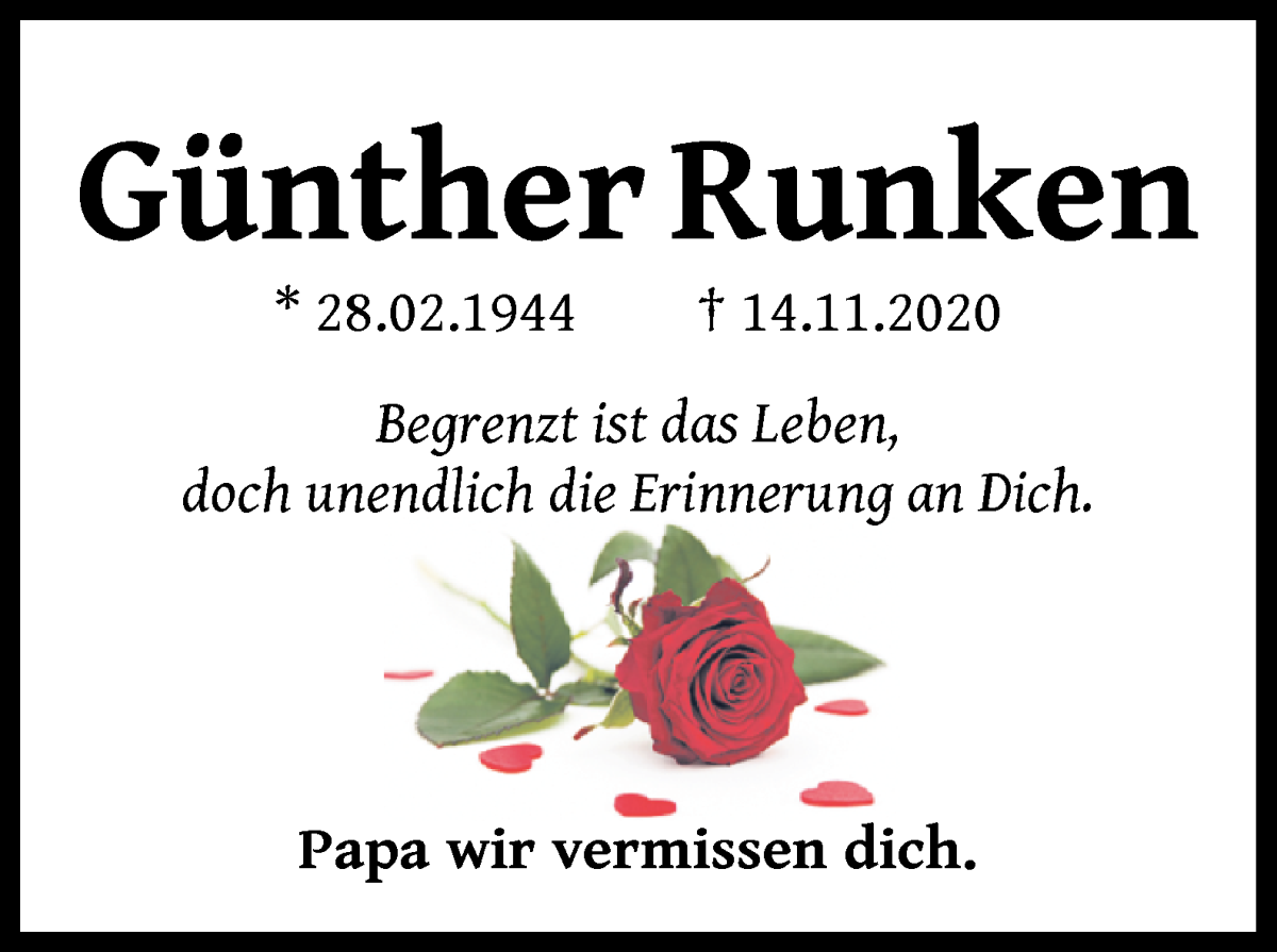  Traueranzeige für Günther Runken vom 14.11.2022 aus Die Norddeutsche