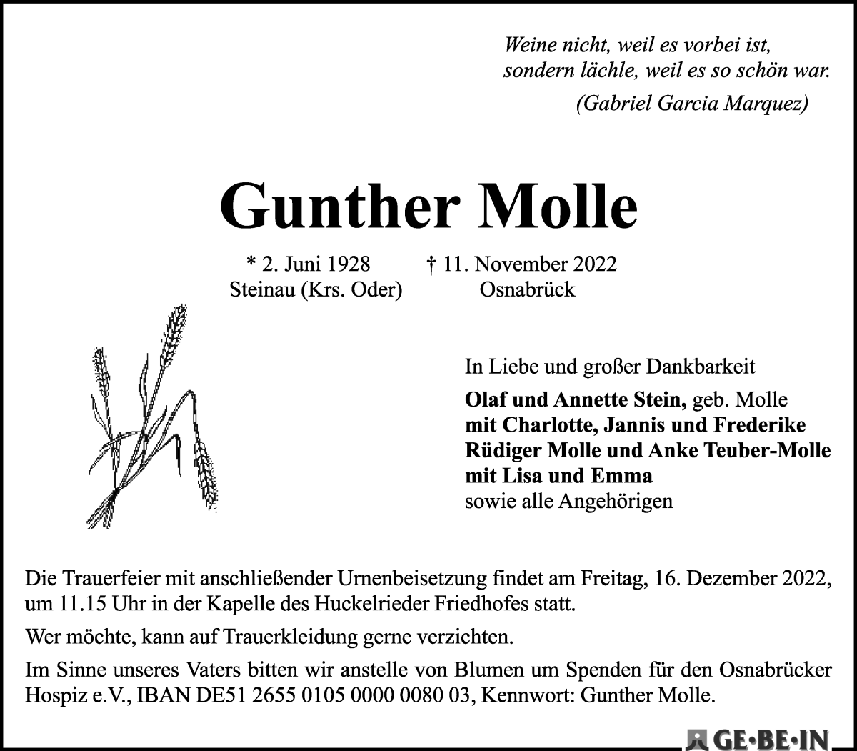  Traueranzeige für Gunther Molle vom 19.11.2022 aus WESER-KURIER