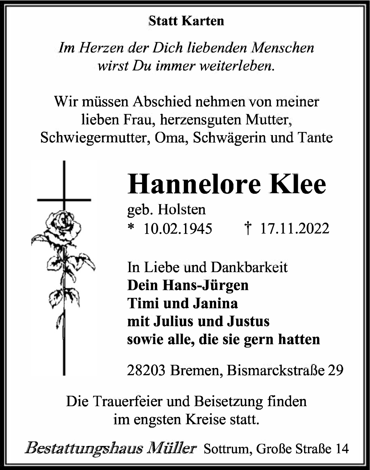 Traueranzeige für Hannelore Klee vom 19.11.2022 aus WESER-KURIER