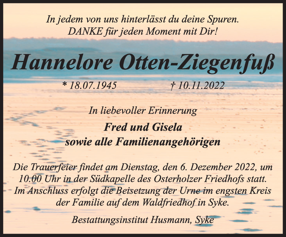  Traueranzeige für Hannelore Otten-Ziegenfuß vom 17.11.2022 aus WESER-KURIER