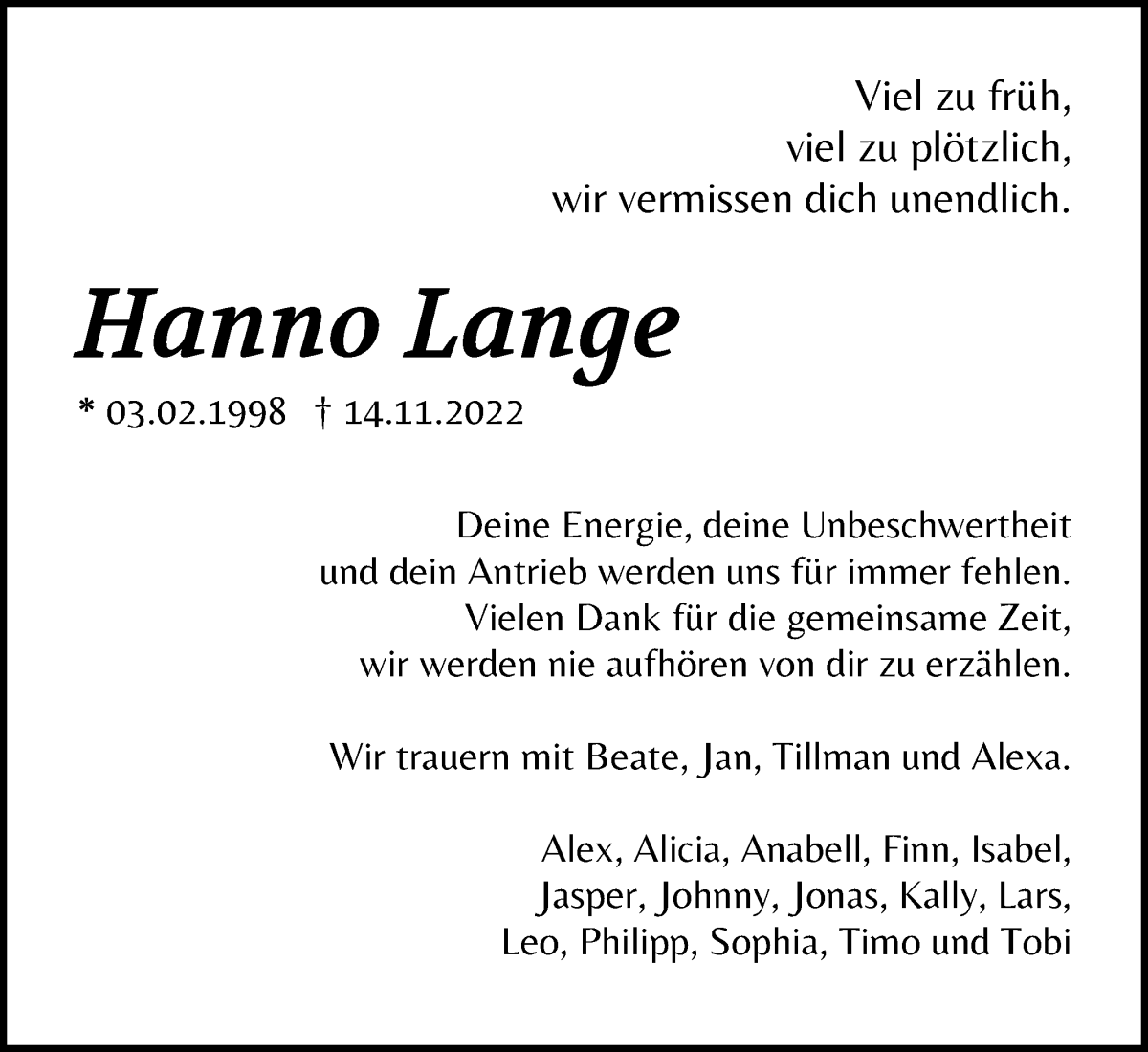 Traueranzeige von Hanno Lange von WESER-KURIER