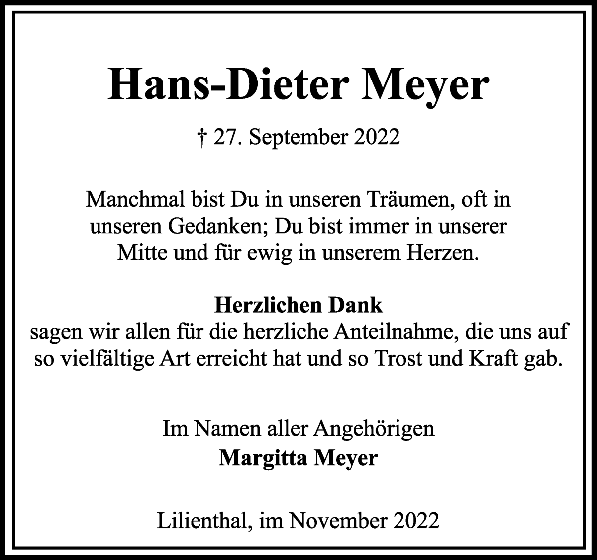  Traueranzeige für Hans-Dieter Meyer vom 05.11.2022 aus Wuemme Zeitung