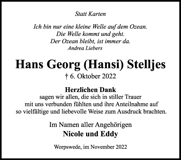 Traueranzeige von Hans-Georg Stelljes von Wuemme Zeitung
