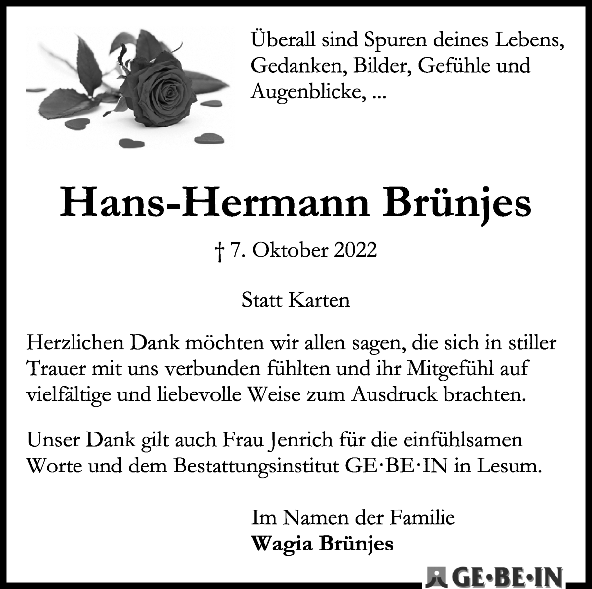 Traueranzeige von Hans-Hermann Brünjes von WESER-KURIER