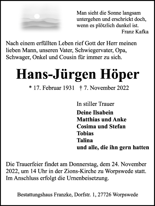 Traueranzeige von Hans-Jürgen Höper von Wuemme Zeitung