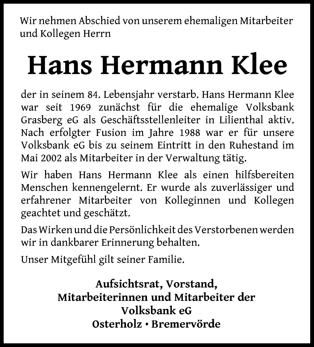 Traueranzeige von Hans Hermann Klee von Wuemme Zeitung