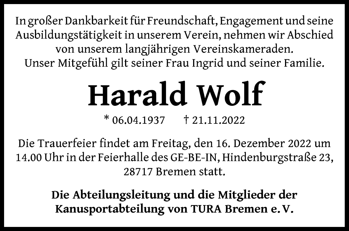  Traueranzeige für Harald Wolf vom 30.11.2022 aus Die Norddeutsche