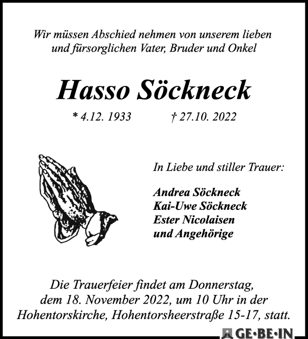 Traueranzeige von Hasso Söckneck von WESER-KURIER