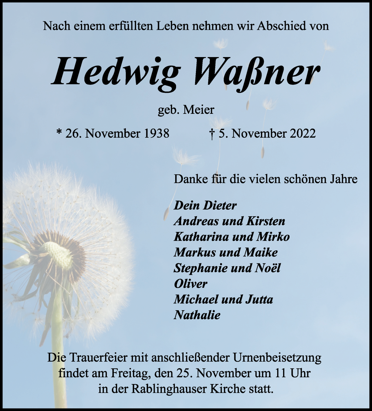  Traueranzeige für Hedwig Waßner vom 12.11.2022 aus WESER-KURIER