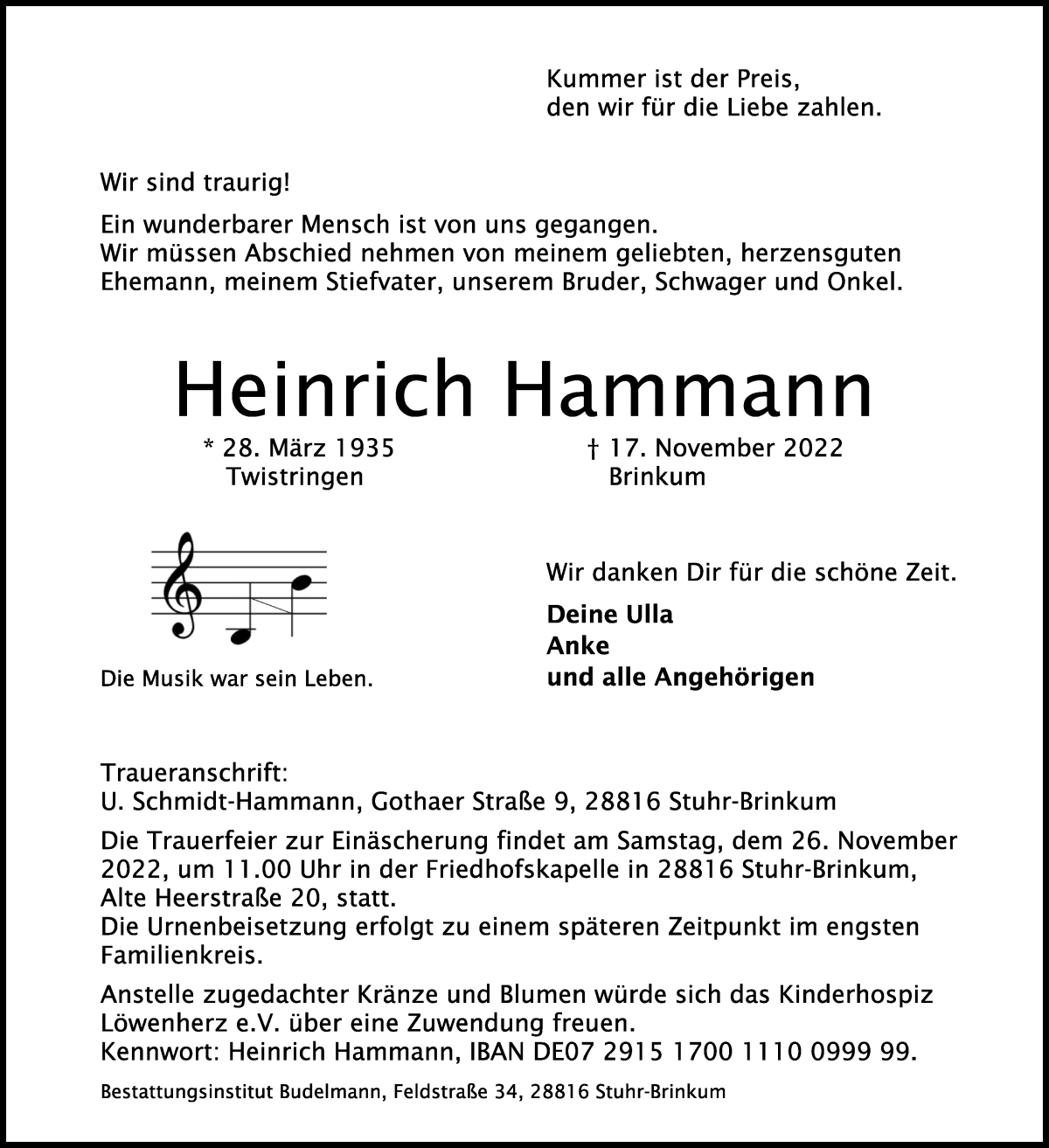  Traueranzeige für Heinrich Hammann vom 23.11.2022 aus WESER-KURIER