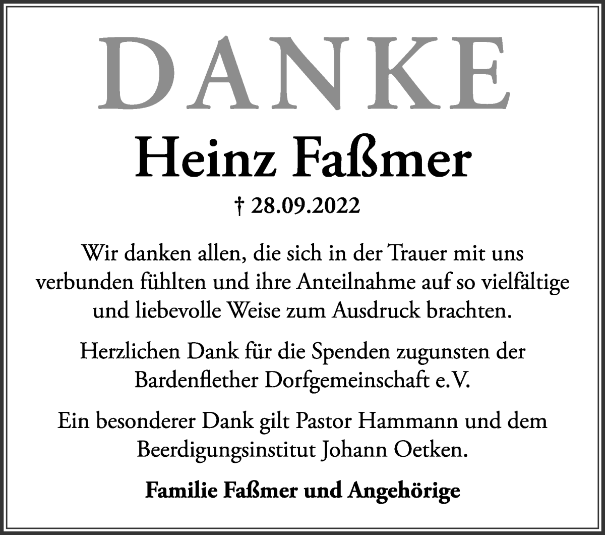  Traueranzeige für Heinz Faßmer vom 05.11.2022 aus WESER-KURIER