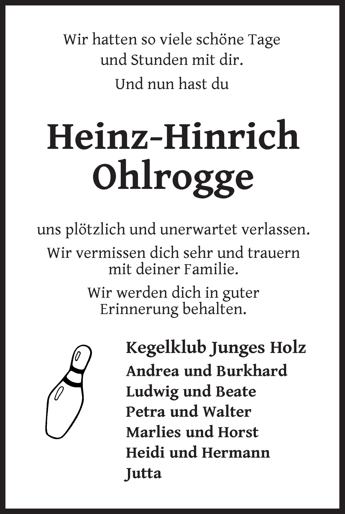 Traueranzeige von Heinz Hinrich Ohlrogge von Wuemme Zeitung