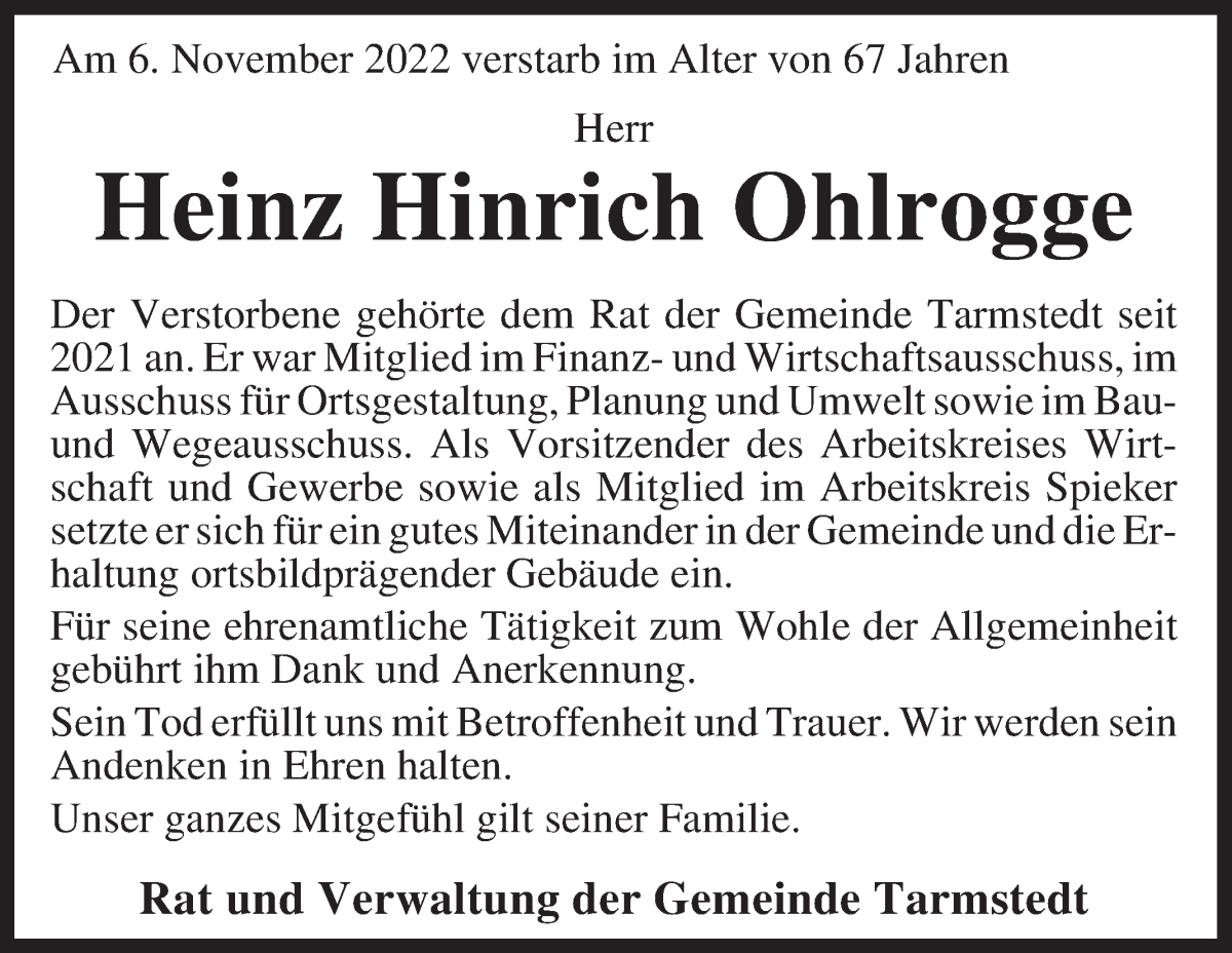 Traueranzeige von Heinz Hinrich Ohlrogge von Wuemme Zeitung