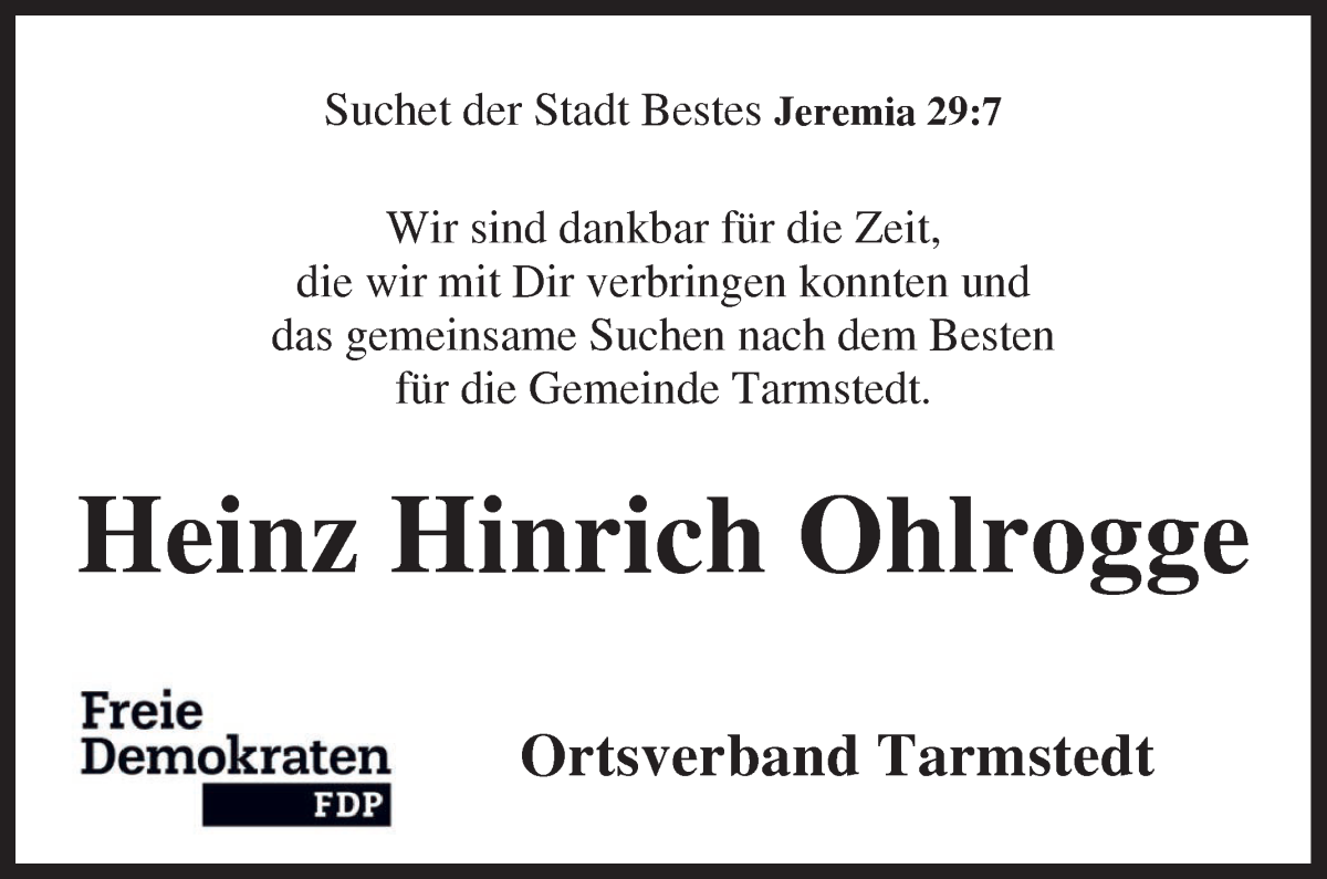 Traueranzeige von Heinz Hinrich Ohlrogge von Wuemme Zeitung