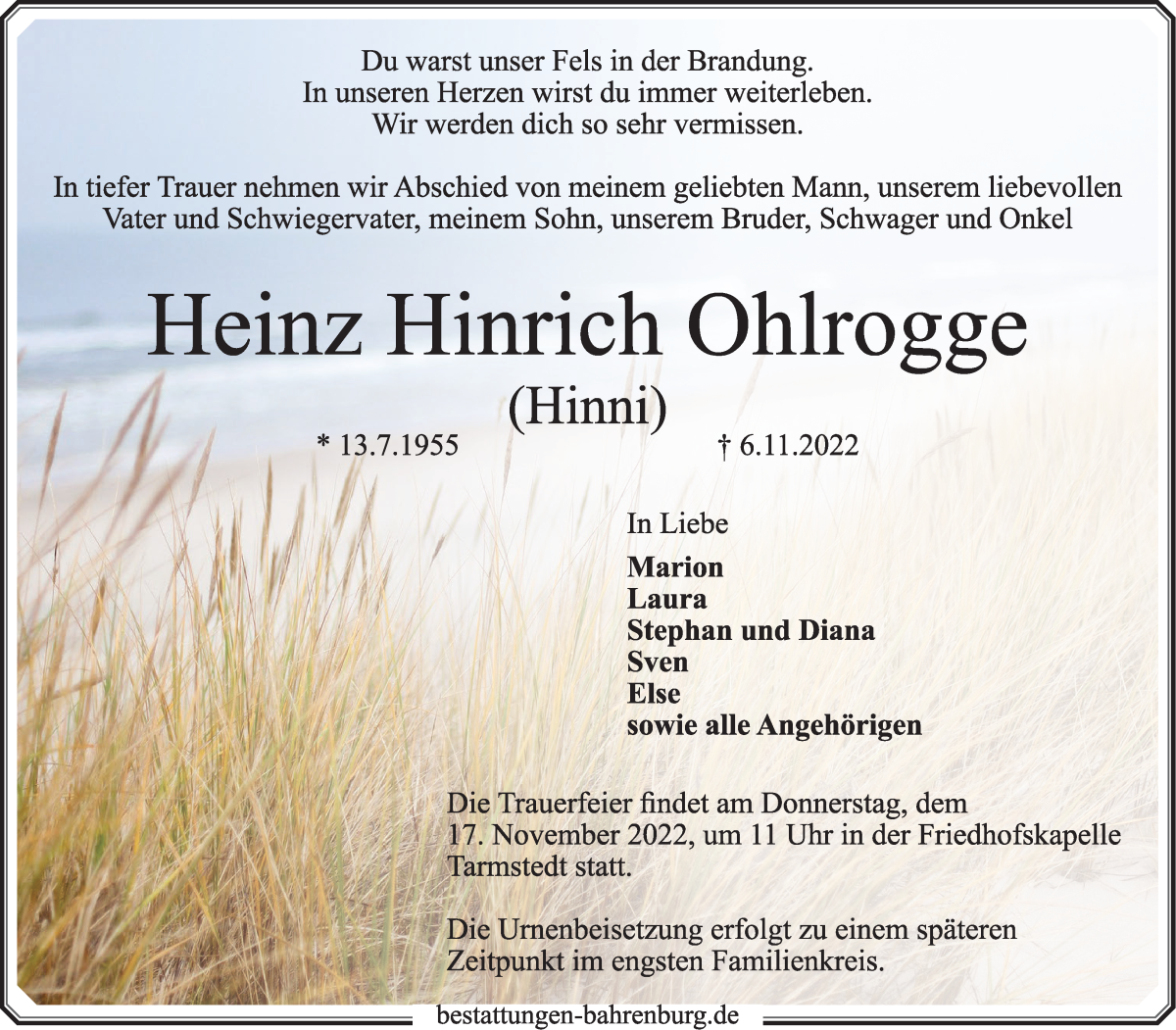 Traueranzeige von Heinz Hinrich Ohlrogge von Wuemme Zeitung