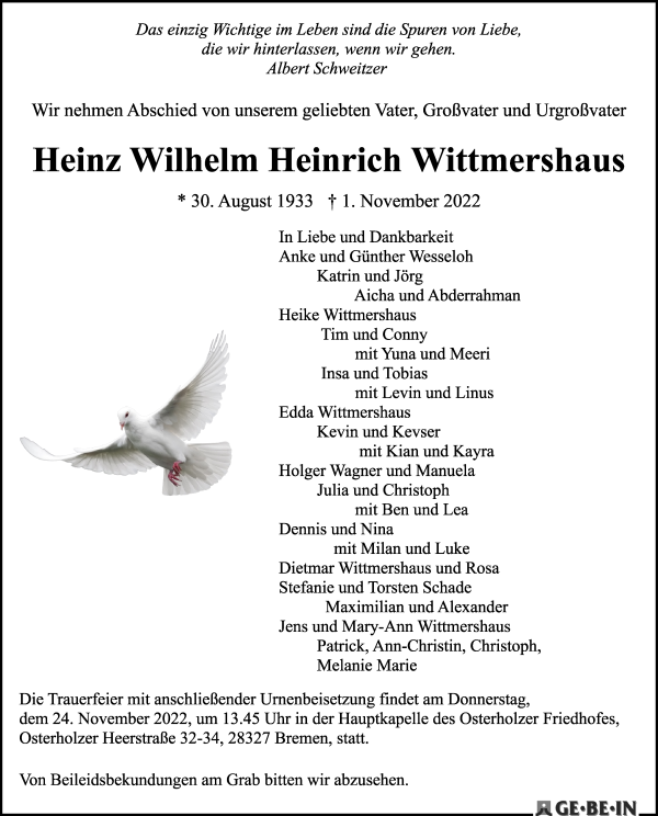 Traueranzeige von Heinz Wilhelm Heinrich Wittmershaus von WESER-KURIER