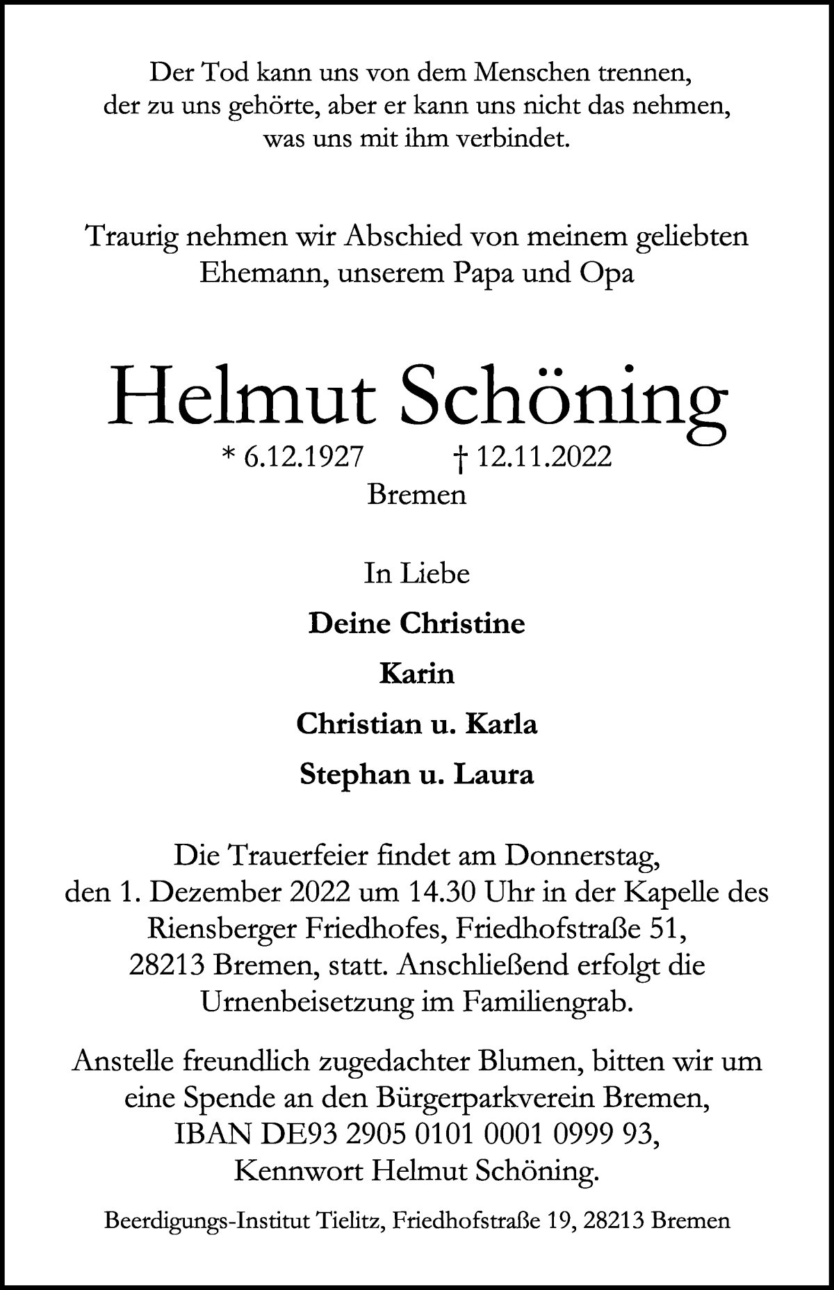  Traueranzeige für Helmut Schöning vom 26.11.2022 aus WESER-KURIER