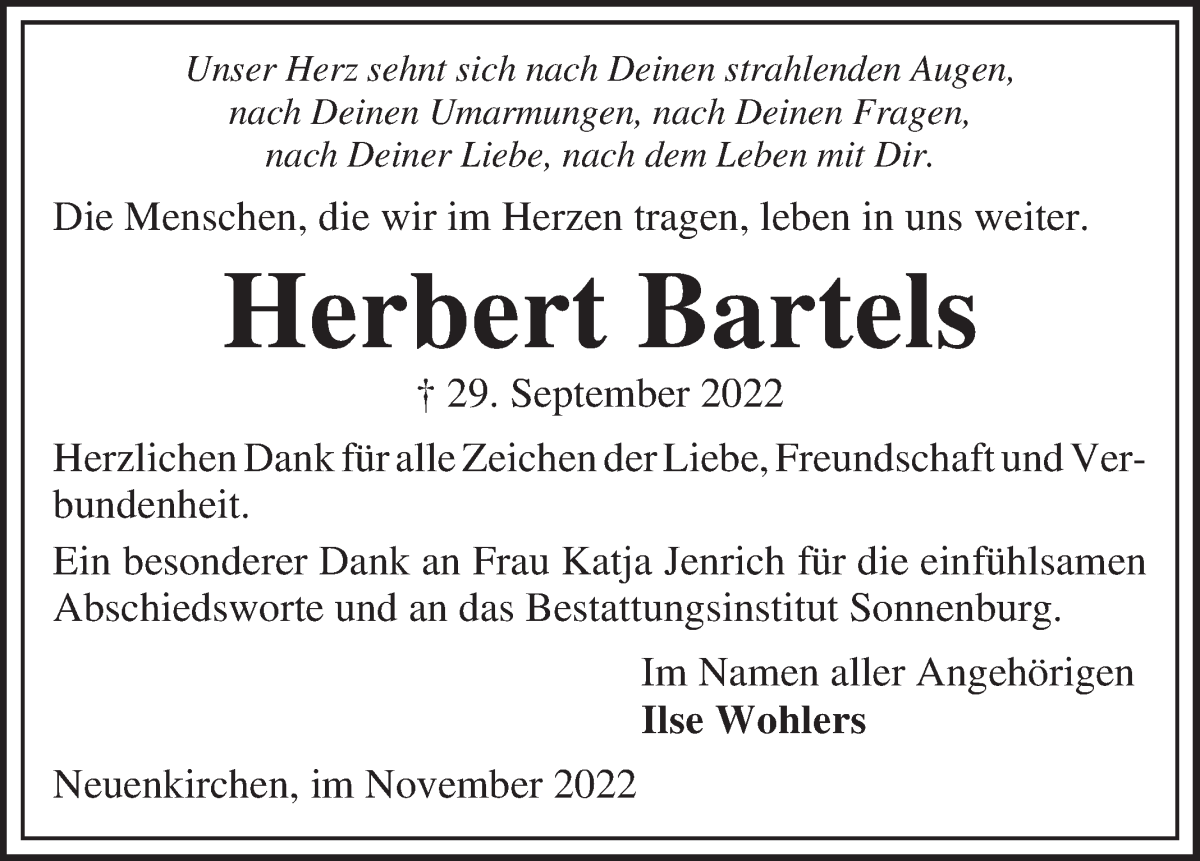 Traueranzeige von Herbert Bartels von Die Norddeutsche