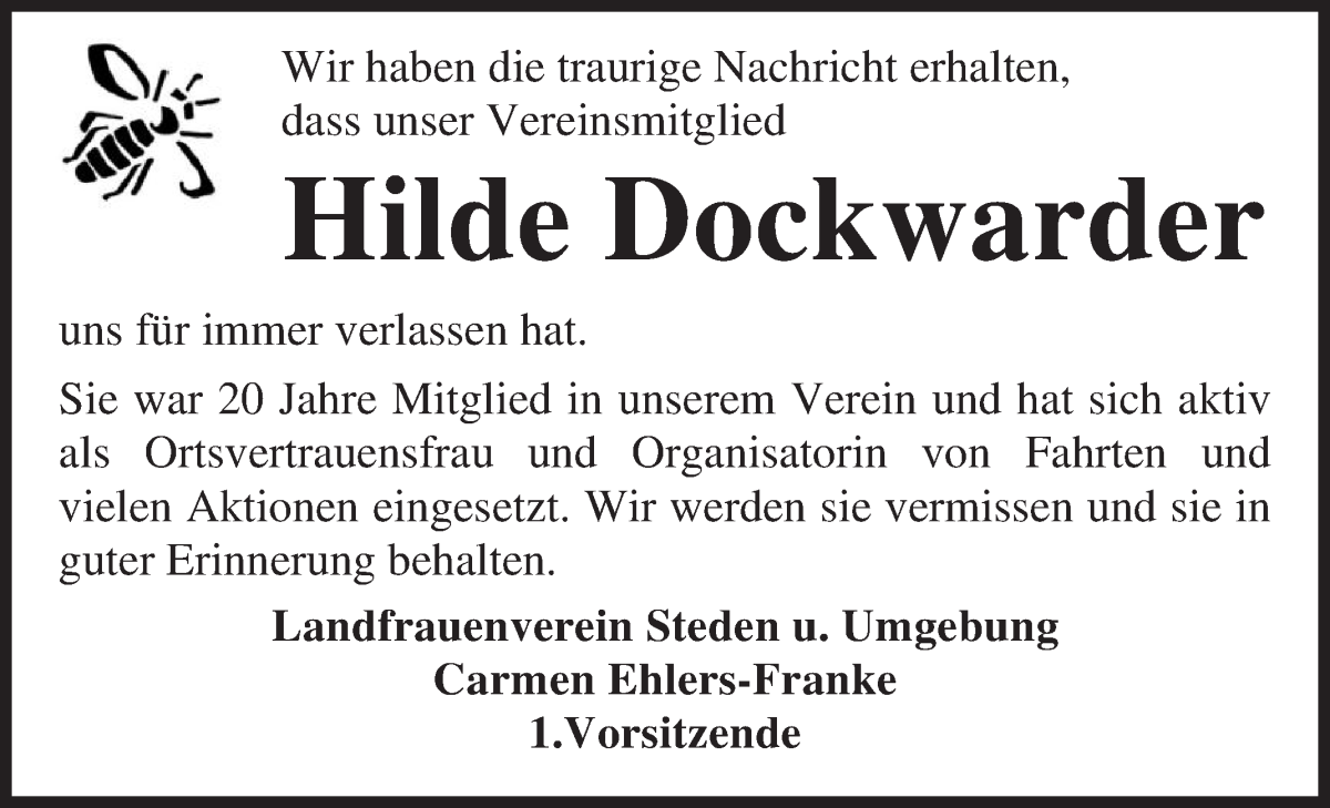  Traueranzeige für Hilde Dockwarder vom 12.11.2022 aus Osterholzer Kreisblatt
