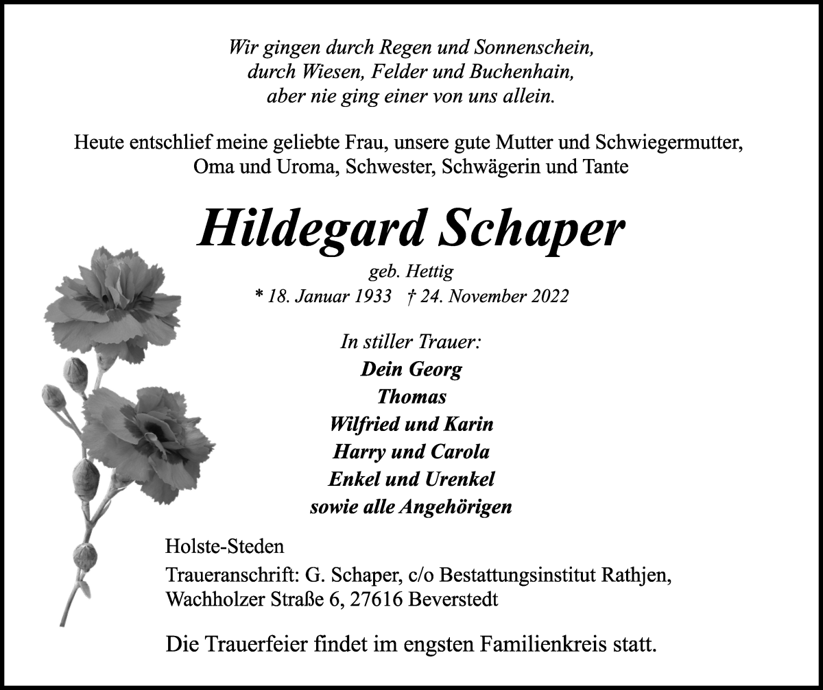Traueranzeige von Hildegard Schaper von Osterholzer Kreisblatt