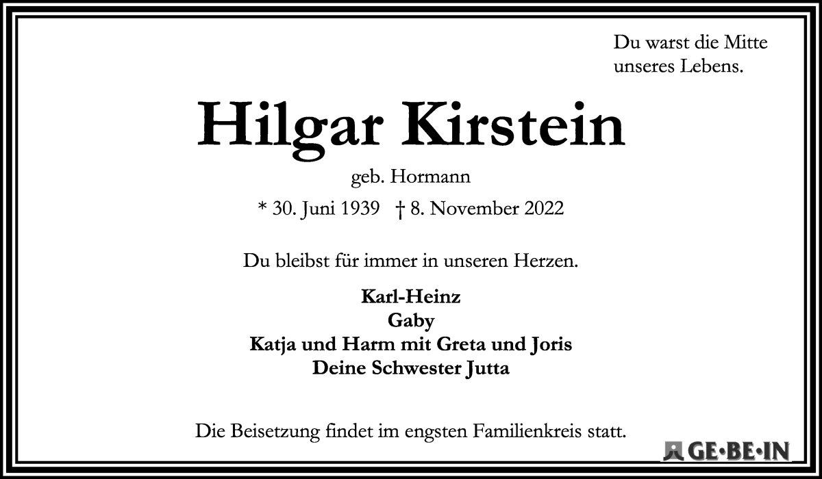 Traueranzeige von Hilgar Kirstein von Die Norddeutsche