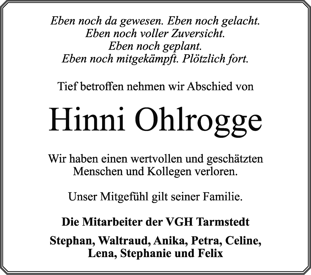 Traueranzeige von Heinz Hinrich Ohlrogge von Wuemme Zeitung