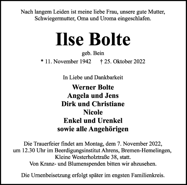 Traueranzeige von Ilse Bolte von WESER-KURIER