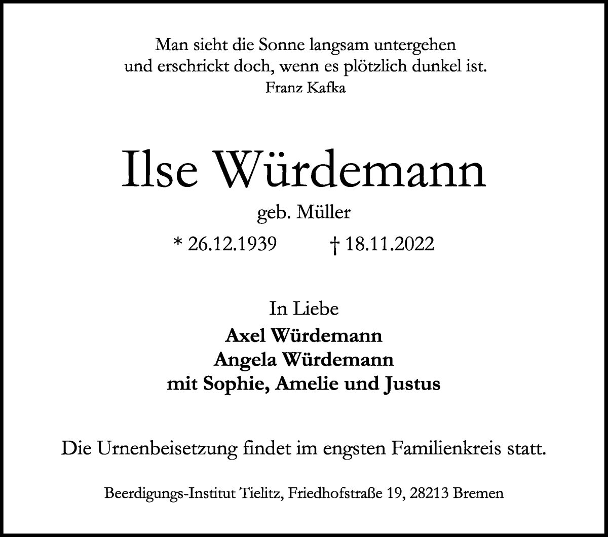 Traueranzeige von Ilse Würdemann von WESER-KURIER