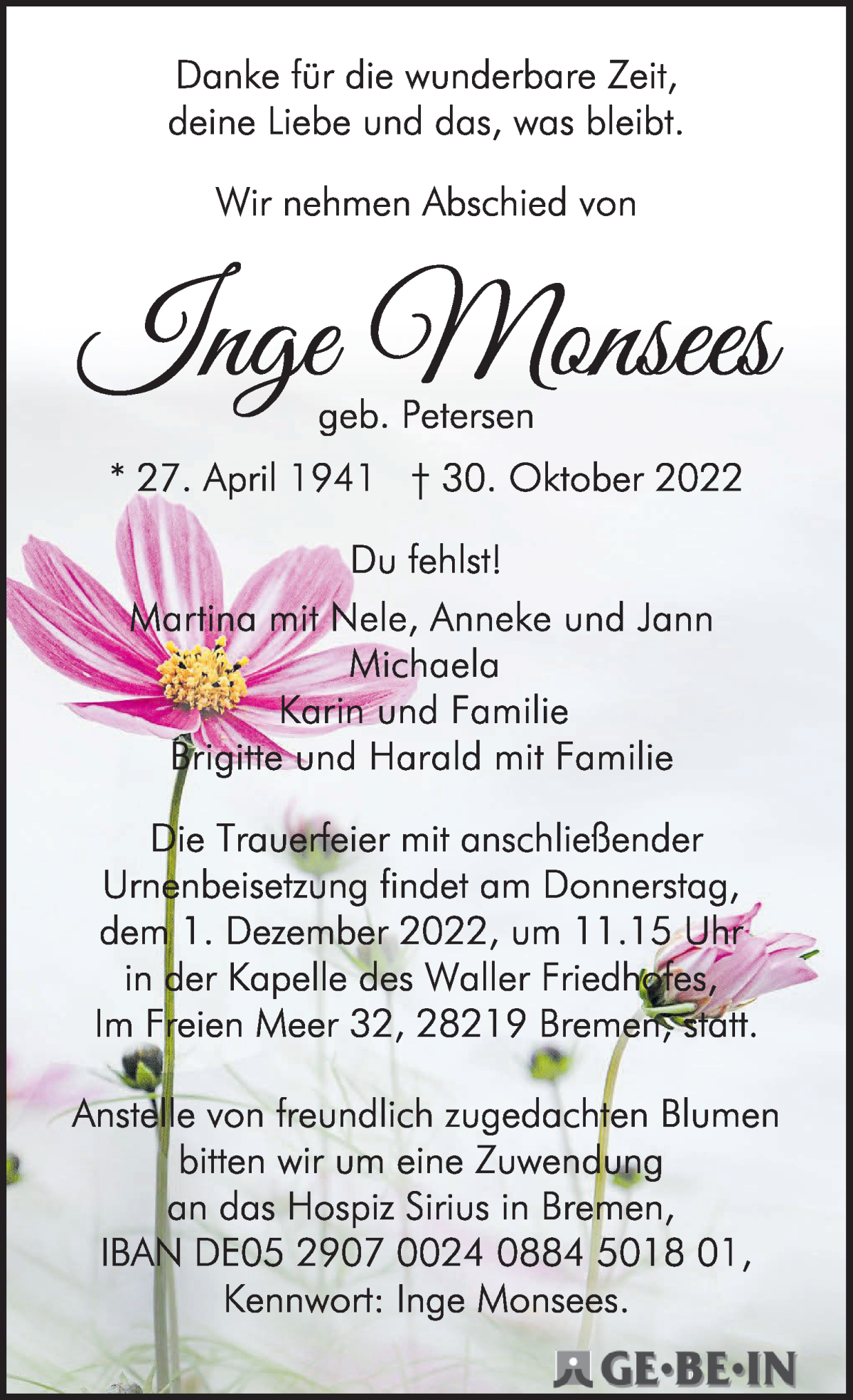  Traueranzeige für Inge Monsees vom 19.11.2022 aus WESER-KURIER