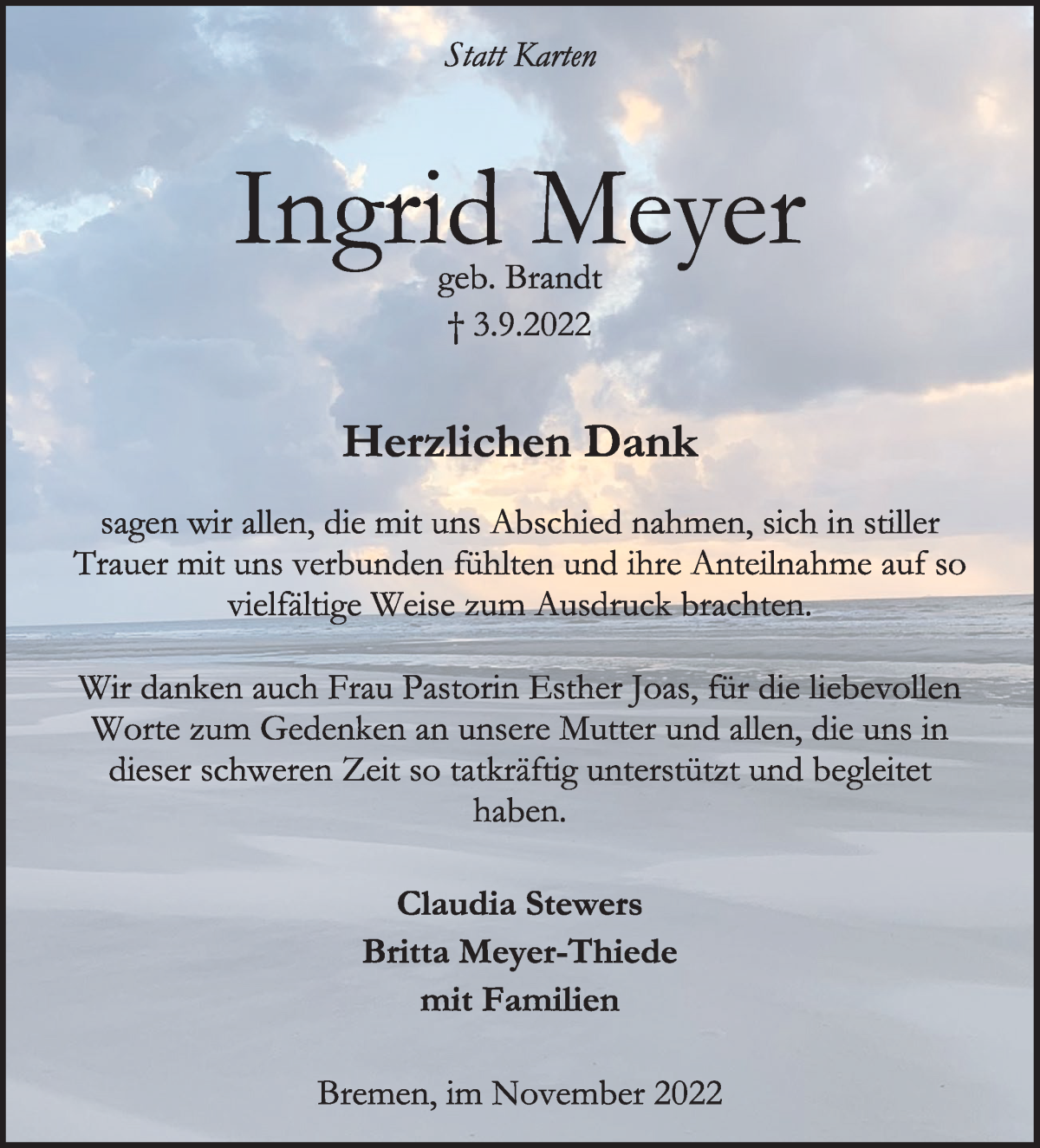  Traueranzeige für Ingrid Meyer vom 19.11.2022 aus WESER-KURIER