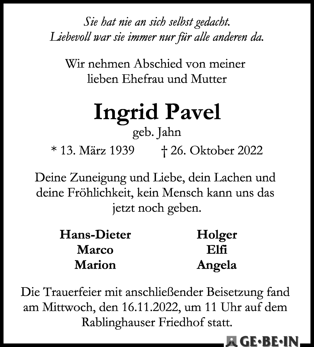  Traueranzeige für Ingrid Pavel vom 19.11.2022 aus WESER-KURIER