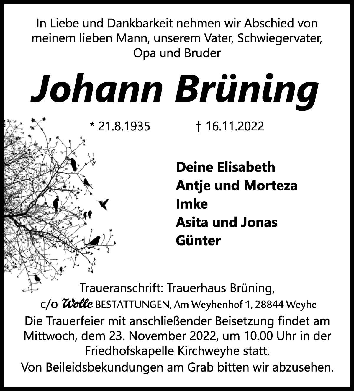  Traueranzeige für Johann Brüning vom 19.11.2022 aus WESER-KURIER