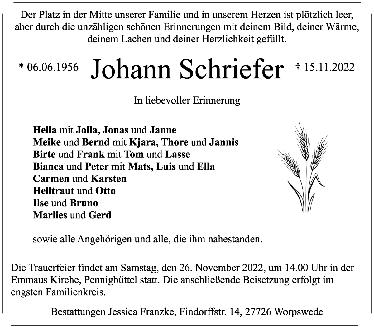 Traueranzeige von Johann Schriefer von Osterholzer Kreisblatt