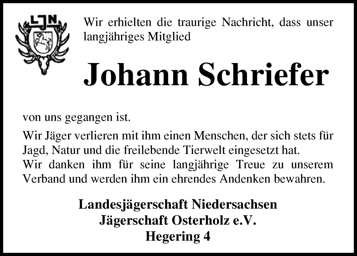 Traueranzeige von Johann Schriefer von Osterholzer Kreisblatt