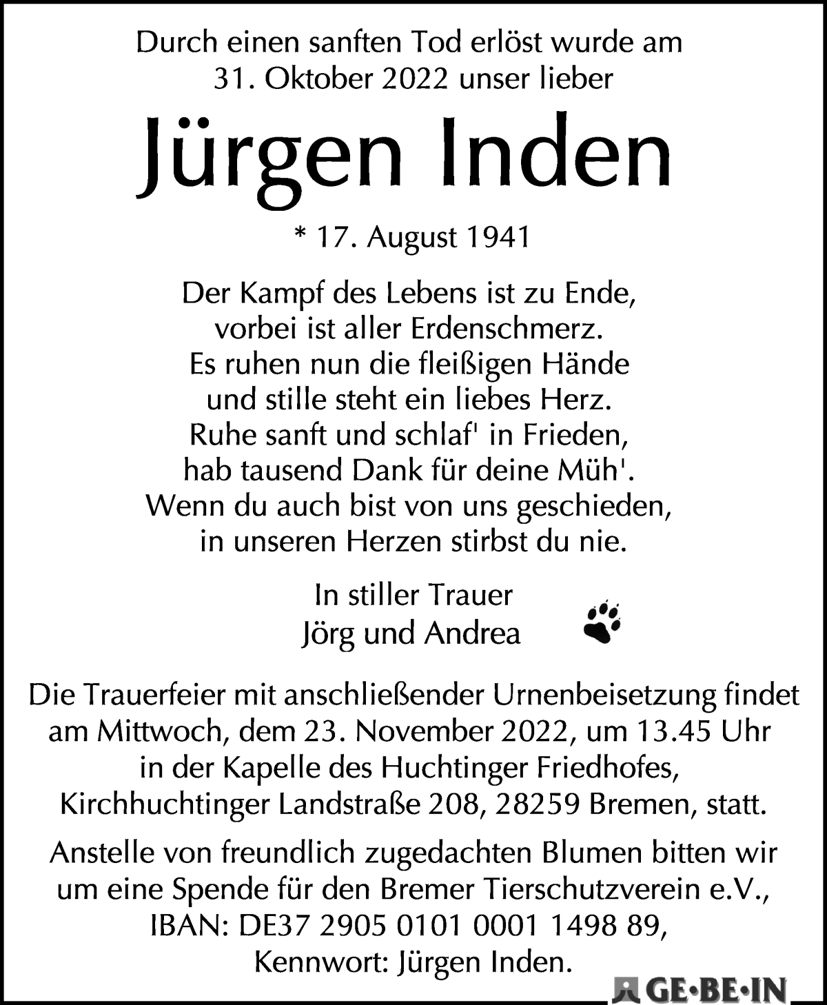 Traueranzeige von Jürgen Inden von WESER-KURIER