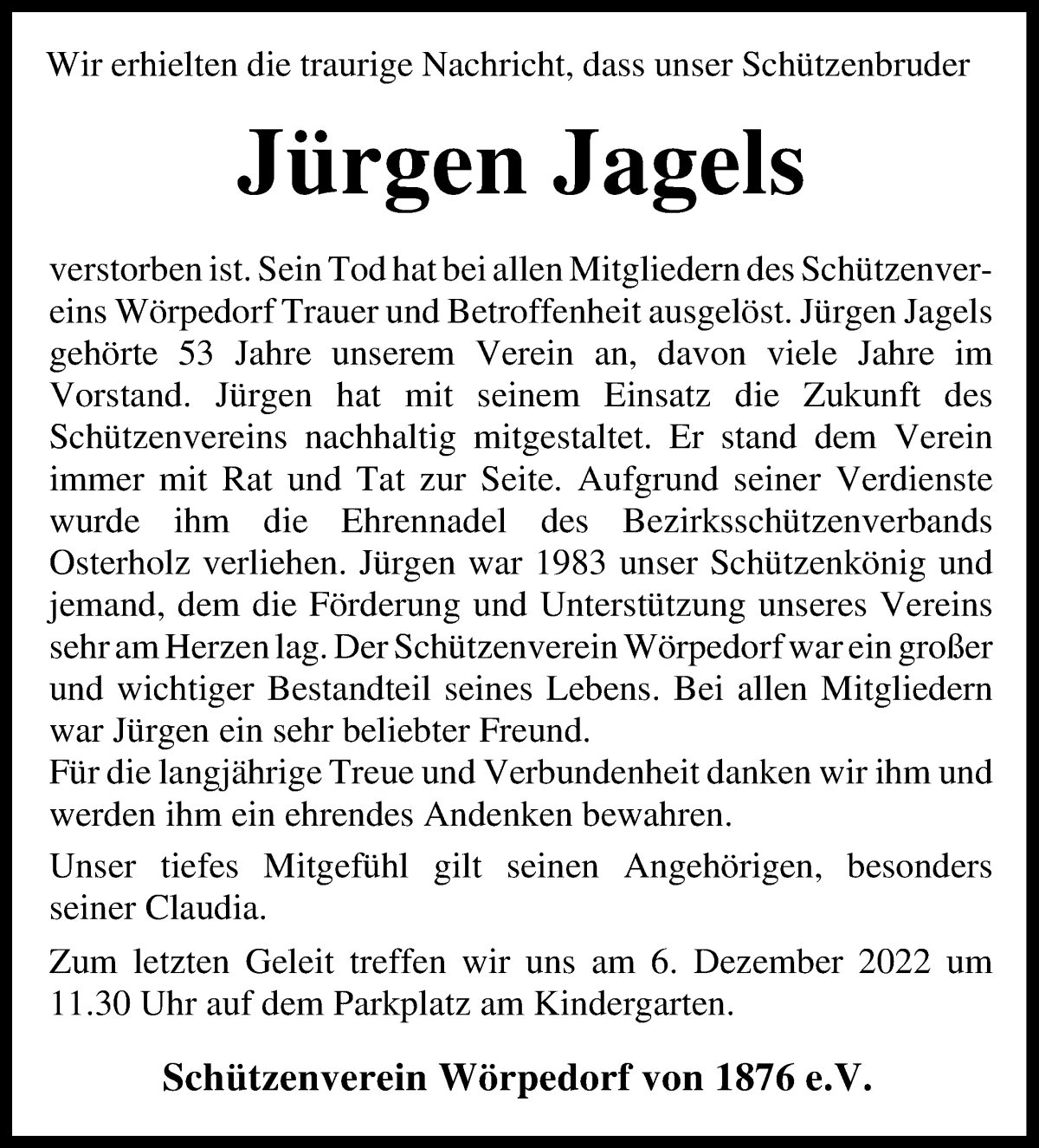 Traueranzeige von Jürgen Jagels von Wuemme Zeitung