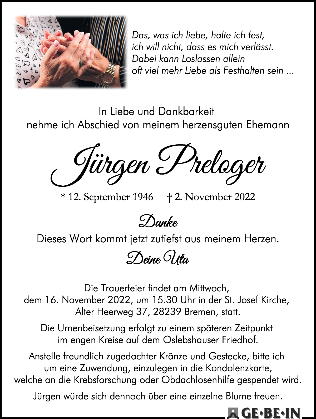  Traueranzeige für Jürgen Preloger vom 12.11.2022 aus WESER-KURIER